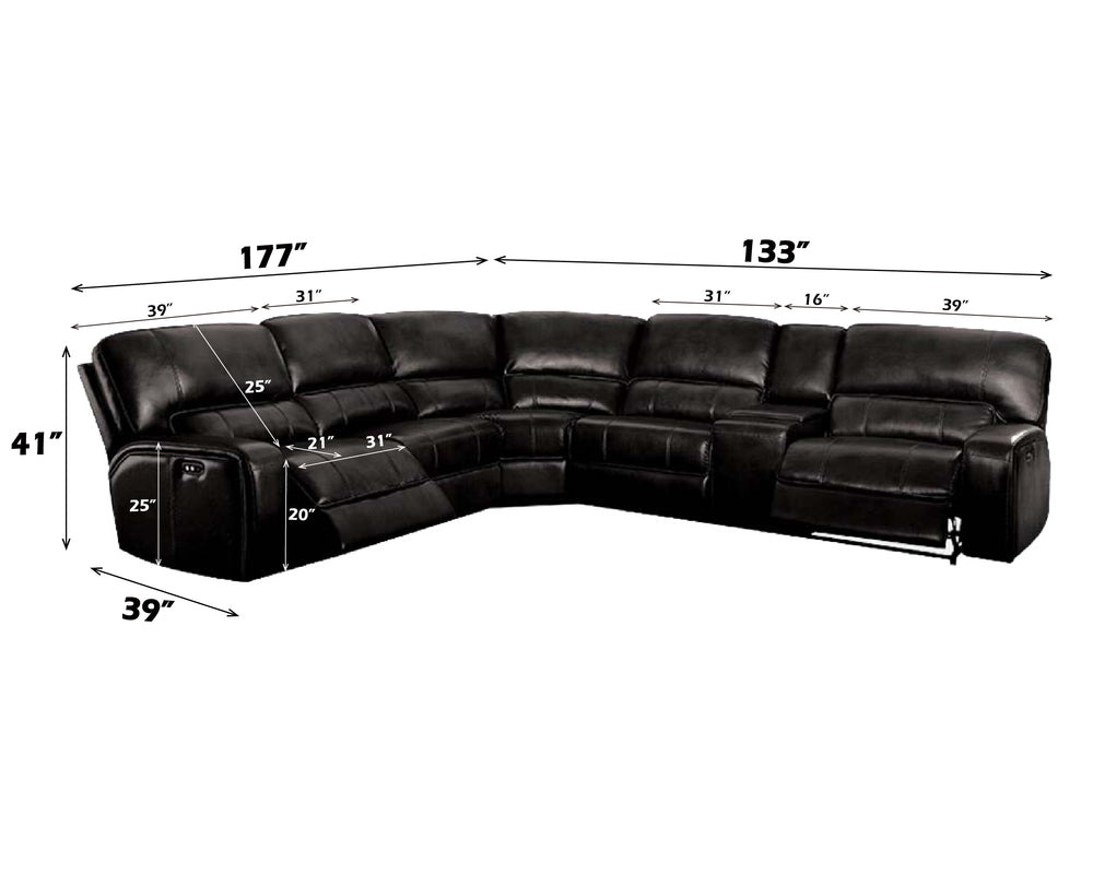 English Elm Saul Black Faux Leather Power Recliner Sectional with USB Ports, Cupholder Console & Storage - Sleek Comfort B2726S00121