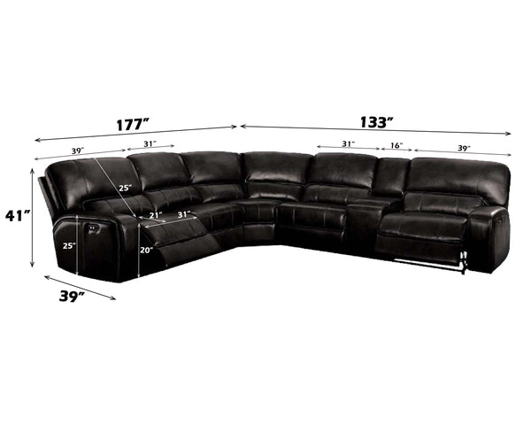 English Elm Saul Black Faux Leather Power Recliner Sectional with USB Ports, Cupholder Console & Storage - Sleek Comfort B2726S00121