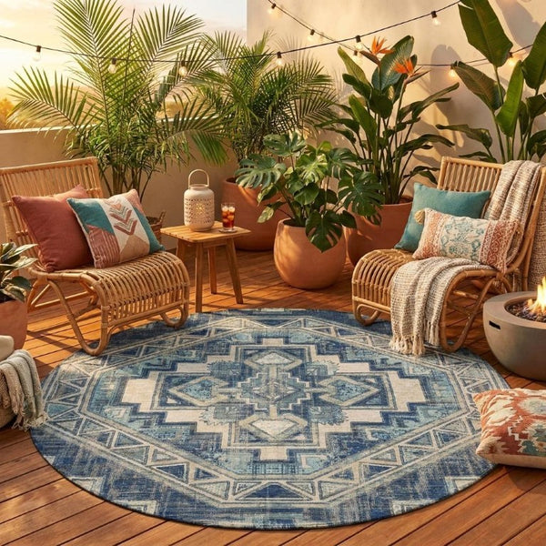 8 Foot Round Southwestern Geometric Polyester Rug Stain Resistant for Patio or Kitchen