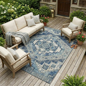 9 X 12 Southwestern Polyester Area Rug Stain Resistant Indoor Outdoor Navy