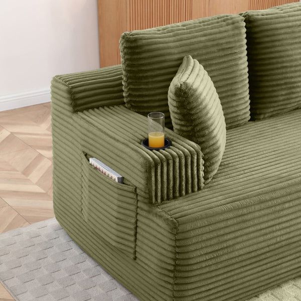 English Elm Boneless Floor Sofa Corduroy Upholstered 5 Seat Low Profile with Cup Holders for Living Room Green W1117S00434