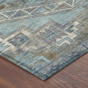 8 Foot Round Southwestern Geometric Polyester Indoor Outdoor Rug in Teal and Gray