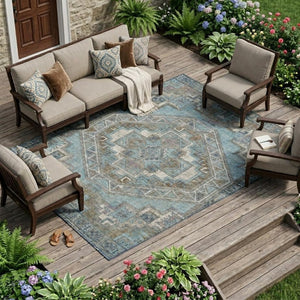 10 X 14 Southwestern Teal Gray Washable Polyester Rug for Patio Porch or Living Room