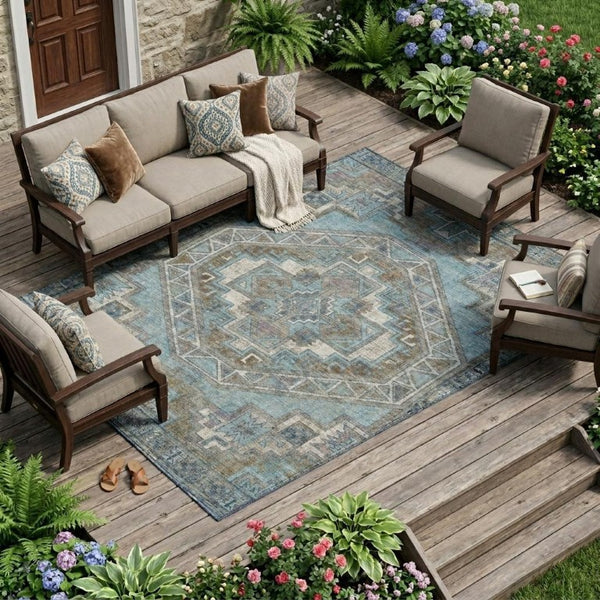 10 X 14 Southwestern Teal Gray Washable Polyester Rug for Patio Porch or Living Room