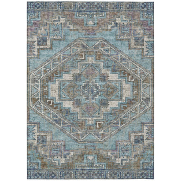 HomeRoots 10 X 14 Southwestern Teal Gray Washable Polyester Rug for Patio Porch or Living Room 741704