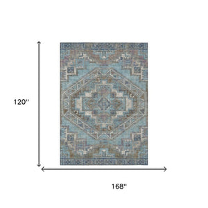 10 X 14 Southwestern Teal Gray Washable Polyester Rug for Patio Porch or Living Room