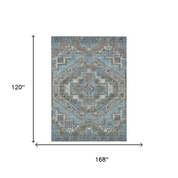 10 X 14 Southwestern Teal Gray Washable Polyester Rug for Patio Porch or Living Room