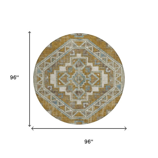 8 Foot Round Southwestern Geometric Polyester Rug Washable for Indoor Outdoor Use