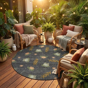 8 Ft Round Botanical Leaf Polyester Washable Rug for Indoor Outdoor Spaces