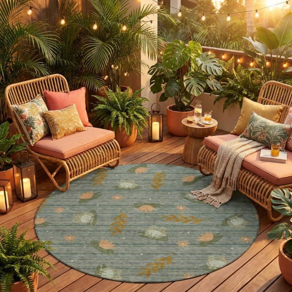 8 Ft Round Botanical Leaf Polyester Area Rug for Patio or High Traffic Spaces