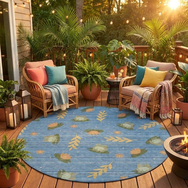 8 Ft Round Botanical Leaf Polyester Area Rug for Patio Porch Kitchen and Family Rooms