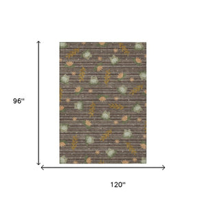 8' X 10' Chocolate and Brown Botanical Leaves Washable Indoor Outdoor Area Rug