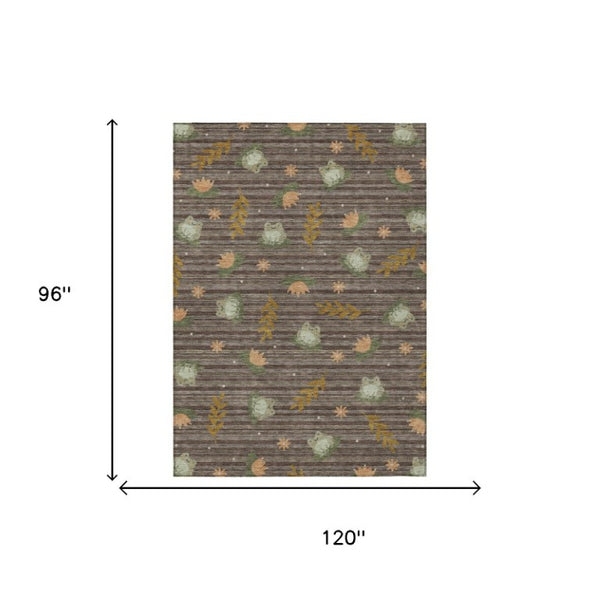 8' X 10' Chocolate and Brown Botanical Leaves Washable Indoor Outdoor Area Rug