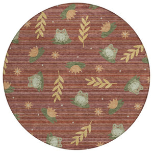 HomeRoots 8 Ft Round Botanical Leaves Polyester Area Rug Washable for Patio or Family Room 741737
