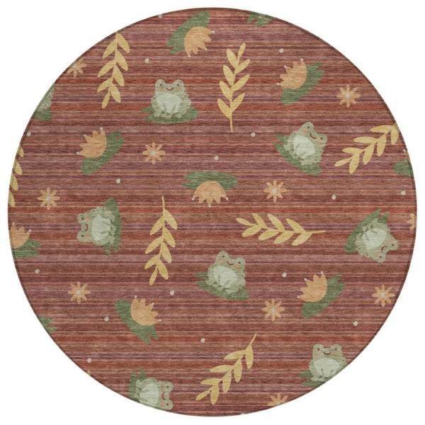 HomeRoots 8 Ft Round Botanical Leaves Polyester Area Rug Washable for Patio or Family Room 741737