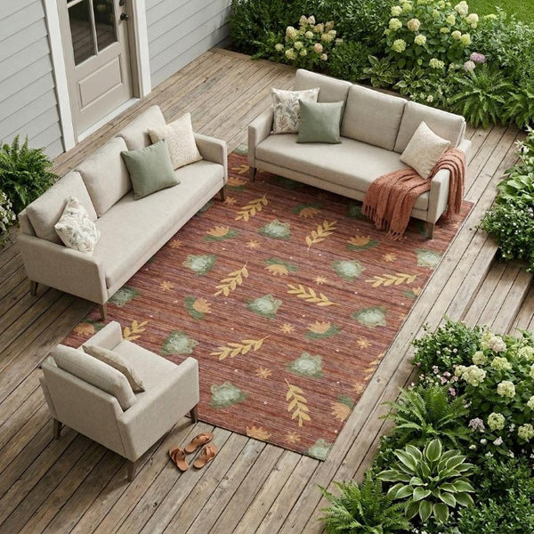 8' X 10' Red and Merlot Botanical Leaves Washable Indoor Outdoor Area Rug