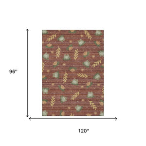 8' X 10' Red and Merlot Botanical Leaves Washable Indoor Outdoor Area Rug