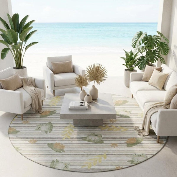 8 Ft Round Botanical Leaf Polyester Rug Washable for Patio Porch or Family Room