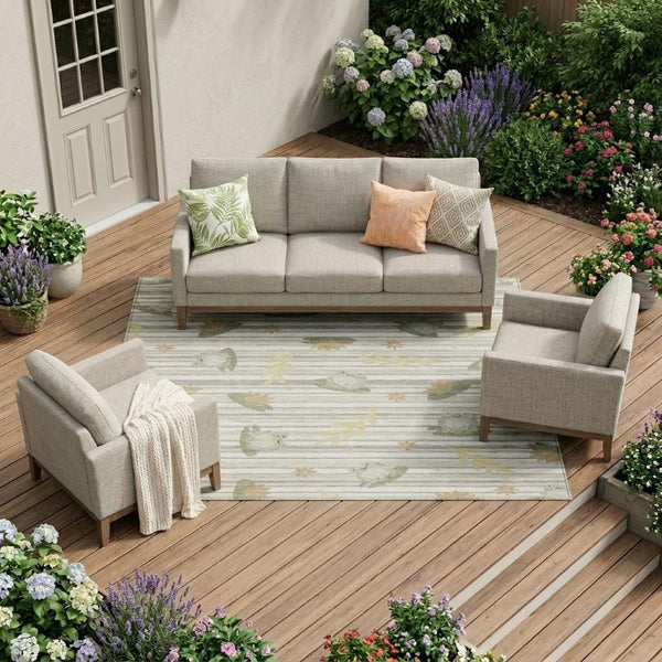 8' X 10' Ivory and Silver Botanical Leaves Washable Indoor Outdoor Area Rug