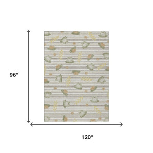 8' X 10' Ivory and Silver Botanical Leaves Washable Indoor Outdoor Area Rug