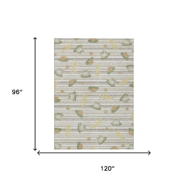 8' X 10' Ivory and Silver Botanical Leaves Washable Indoor Outdoor Area Rug