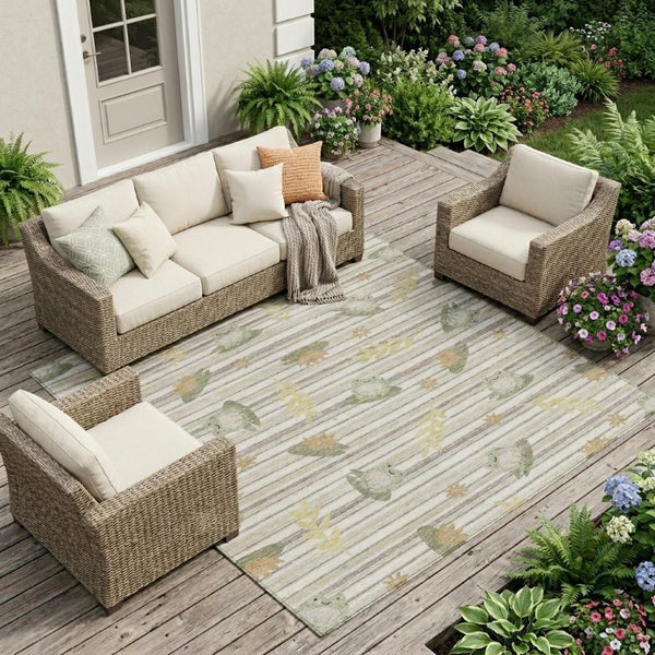 9 X 12 Ivory Silver Botanical Polyester Area Rug for Indoor Outdoor Living Spaces