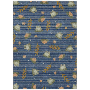 HomeRoots 5x8 Navy Botanical Leaf Polyester Area Rug Washable Stain Resistant Indoor Outdoor Patio 741748