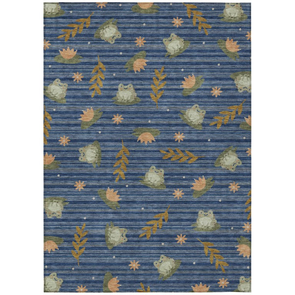 HomeRoots 5x8 Navy Botanical Leaf Polyester Area Rug Washable Stain Resistant Indoor Outdoor Patio 741748