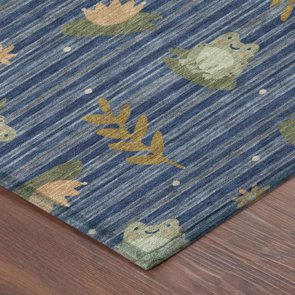 5x8 Navy Botanical Leaf Polyester Area Rug Washable Stain Resistant Indoor Outdoor Patio