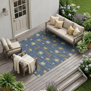 8 X 10 Navy Botanical Leaf Polyester Area Rug Washable Stain Resistant Patio
