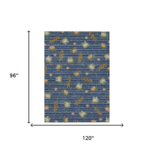 8 X 10 Navy Botanical Leaf Polyester Area Rug Washable Stain Resistant Patio