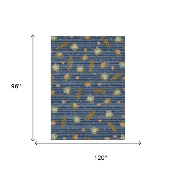 8 X 10 Navy Botanical Leaf Polyester Area Rug Washable Stain Resistant Patio