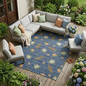 9x12 Botanical Leaf Polyester Indoor Outdoor Rug Stain Resistant Washable Navy