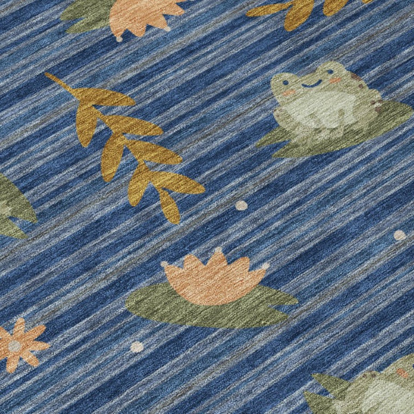 9x12 Botanical Leaf Polyester Indoor Outdoor Rug Stain Resistant Washable Navy