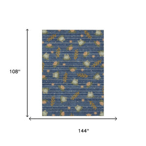 9x12 Botanical Leaf Polyester Indoor Outdoor Rug Stain Resistant Washable Navy