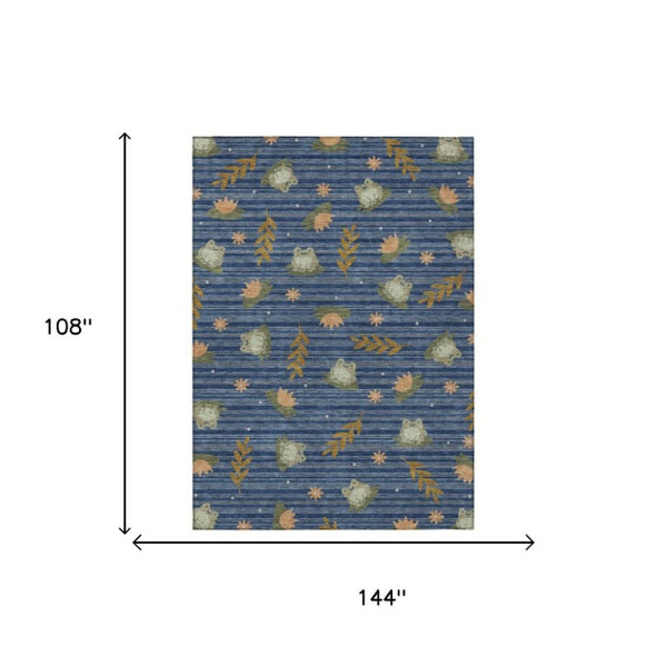 9x12 Botanical Leaf Polyester Indoor Outdoor Rug Stain Resistant Washable Navy