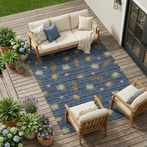10 X 14 Botanical Leaf Navy Polyester Indoor Outdoor Rug Stain Resistant Washable