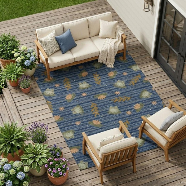 10 X 14 Botanical Leaf Navy Polyester Indoor Outdoor Rug Stain Resistant Washable