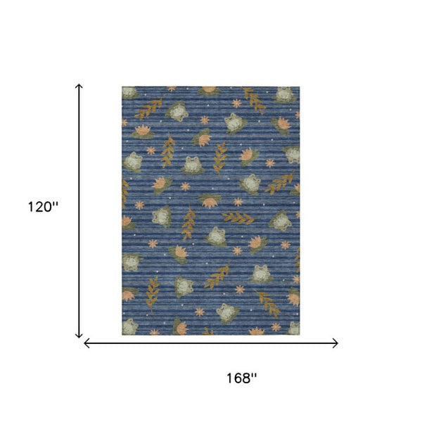 10 X 14 Botanical Leaf Navy Polyester Indoor Outdoor Rug Stain Resistant Washable