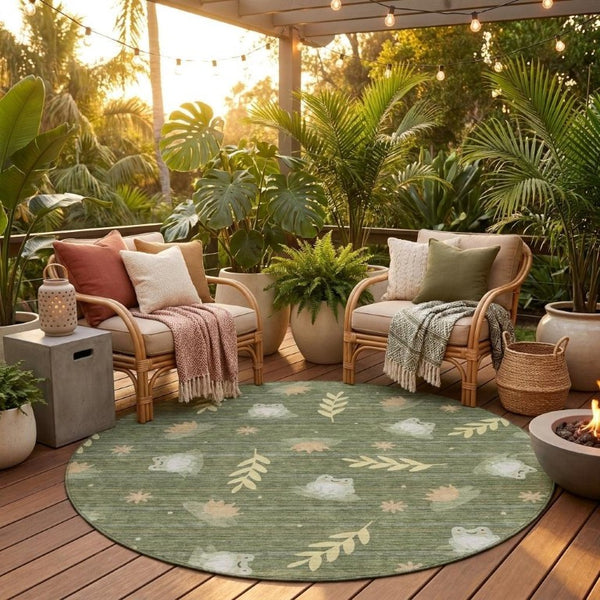 8 Ft Round Botanical Leaf Polyester Area Rug Washable Stain Resistant Indoor Outdoor