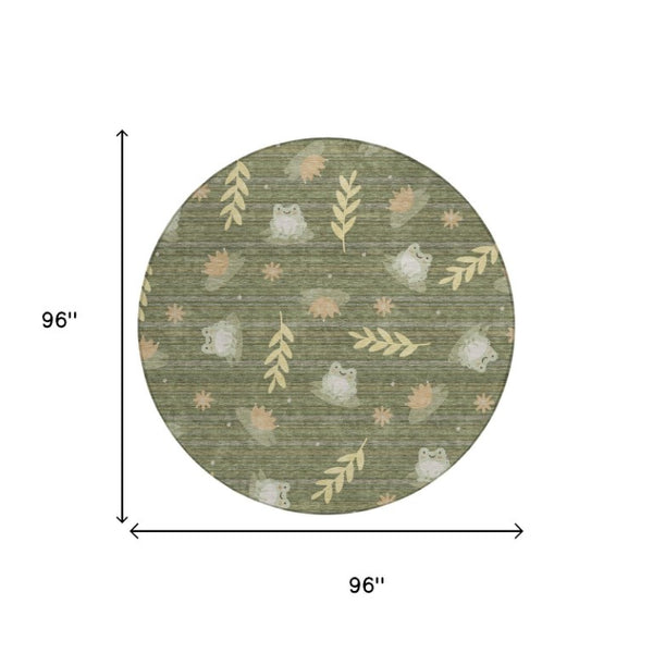 8 Ft Round Botanical Leaf Polyester Area Rug Washable Stain Resistant Indoor Outdoor