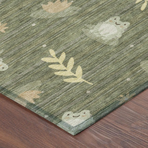 9' X 12' Olive Green and Botanical Leaves Washable Indoor Outdoor Area Rug