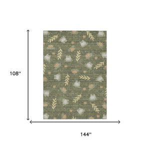 9' X 12' Olive Green and Botanical Leaves Washable Indoor Outdoor Area Rug
