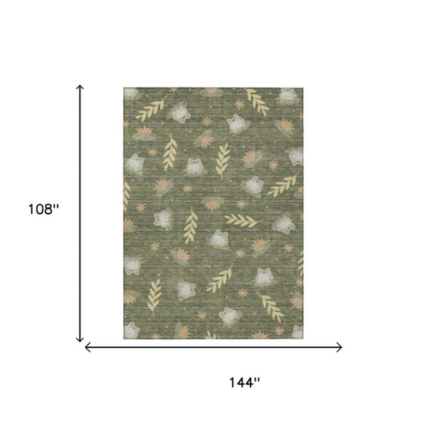 9' X 12' Olive Green and Botanical Leaves Washable Indoor Outdoor Area Rug
