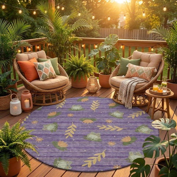 8 Foot Round Botanical Leaf Polyester Area Rug Washable Indoor Outdoor Patio Use