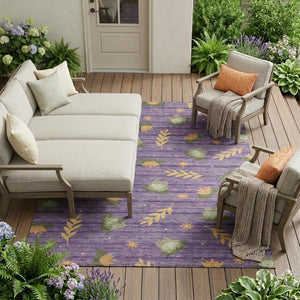9 X 12 Purple Lilac Botanical Leaf Polyester Washable Indoor Outdoor Area Rug