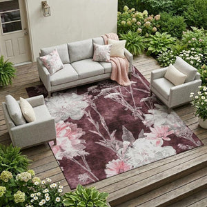 8 X 10 Floral Polyester Area Rug Burgundy Washable for Indoor Outdoor Spaces