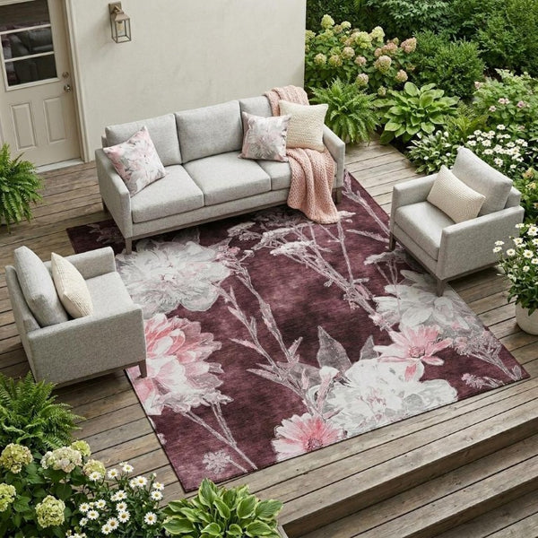 8 X 10 Floral Polyester Area Rug Burgundy Washable for Indoor Outdoor Spaces