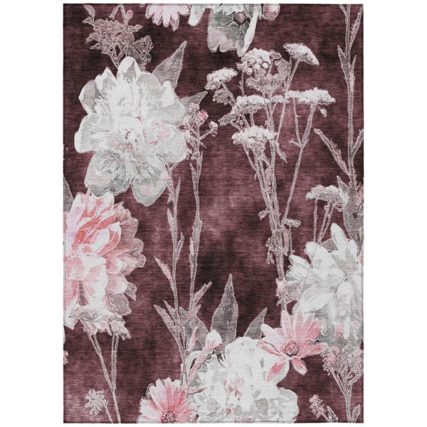 HomeRoots 8 X 10 Floral Polyester Area Rug Burgundy Washable for Indoor Outdoor Spaces 741788