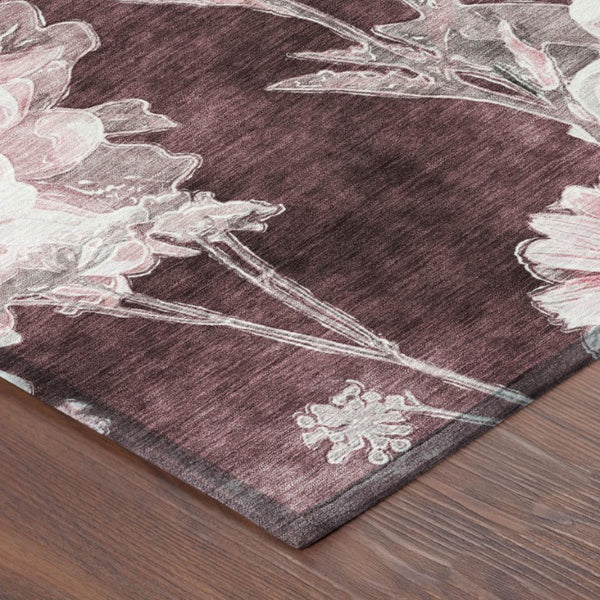 8 X 10 Floral Polyester Area Rug Burgundy Washable for Indoor Outdoor Spaces